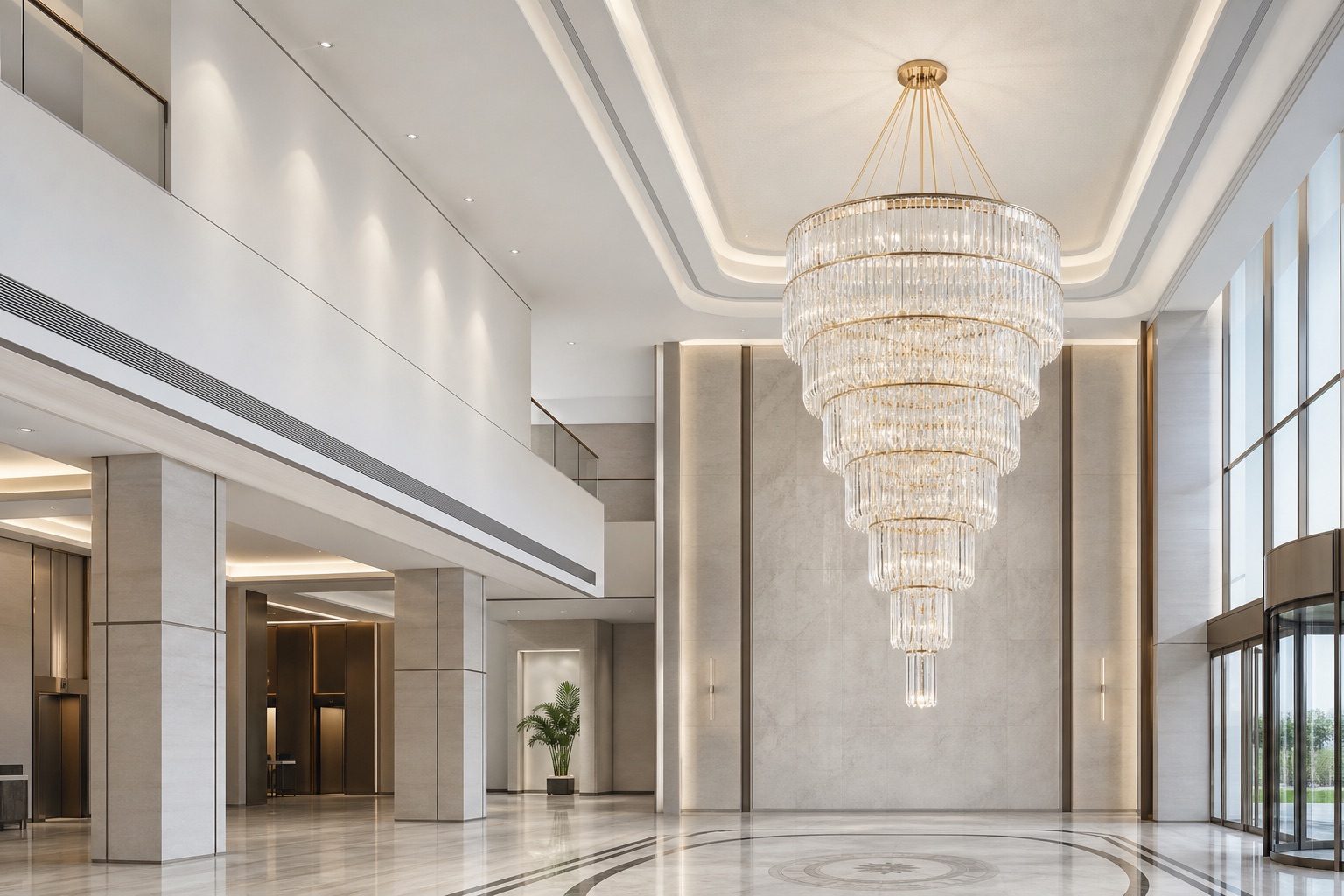 Large tiered crystal chandelier in a contemporary hotel lobby