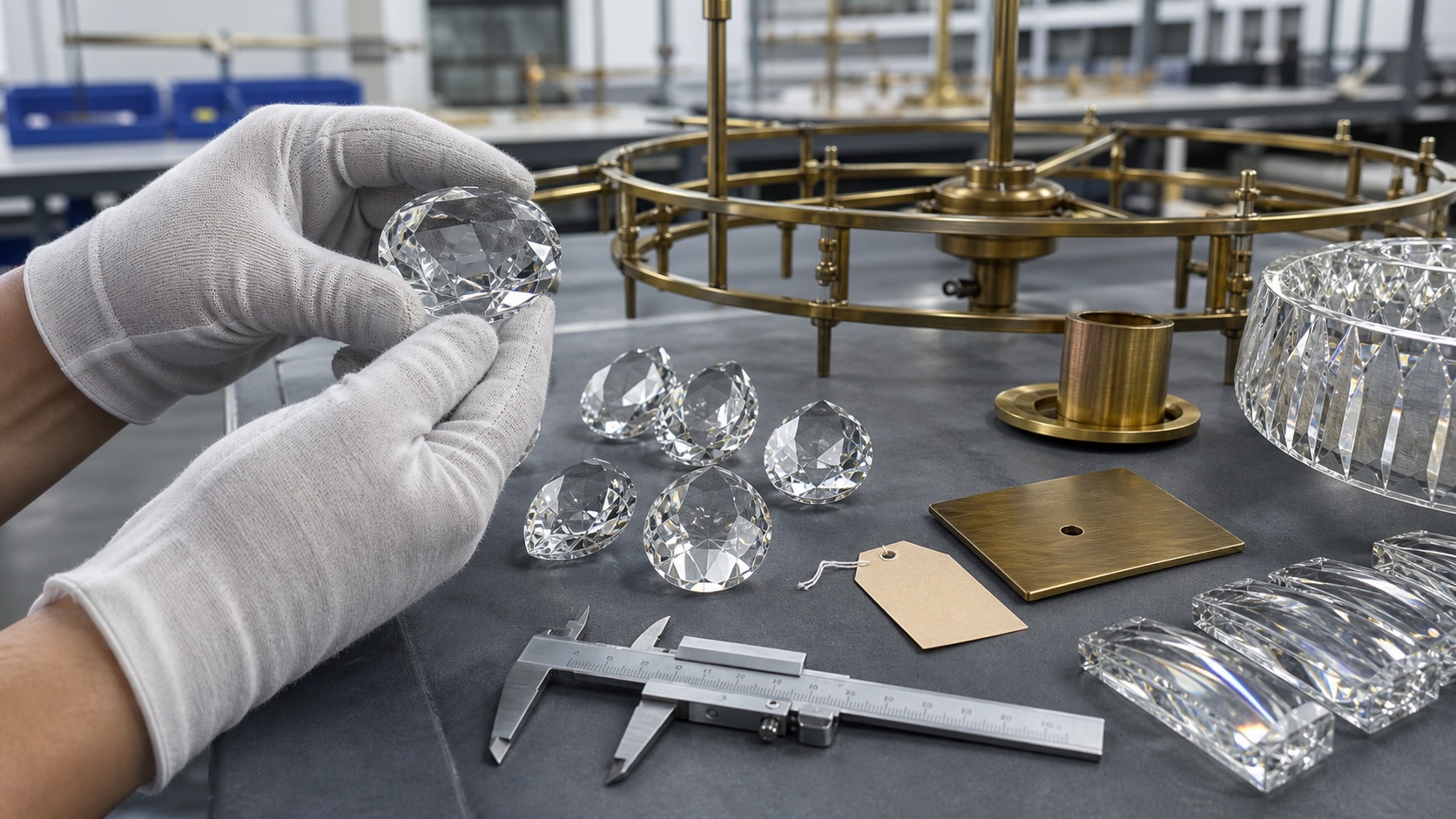 Quality inspector checking crystal and brass chandelier components at a factory workbench