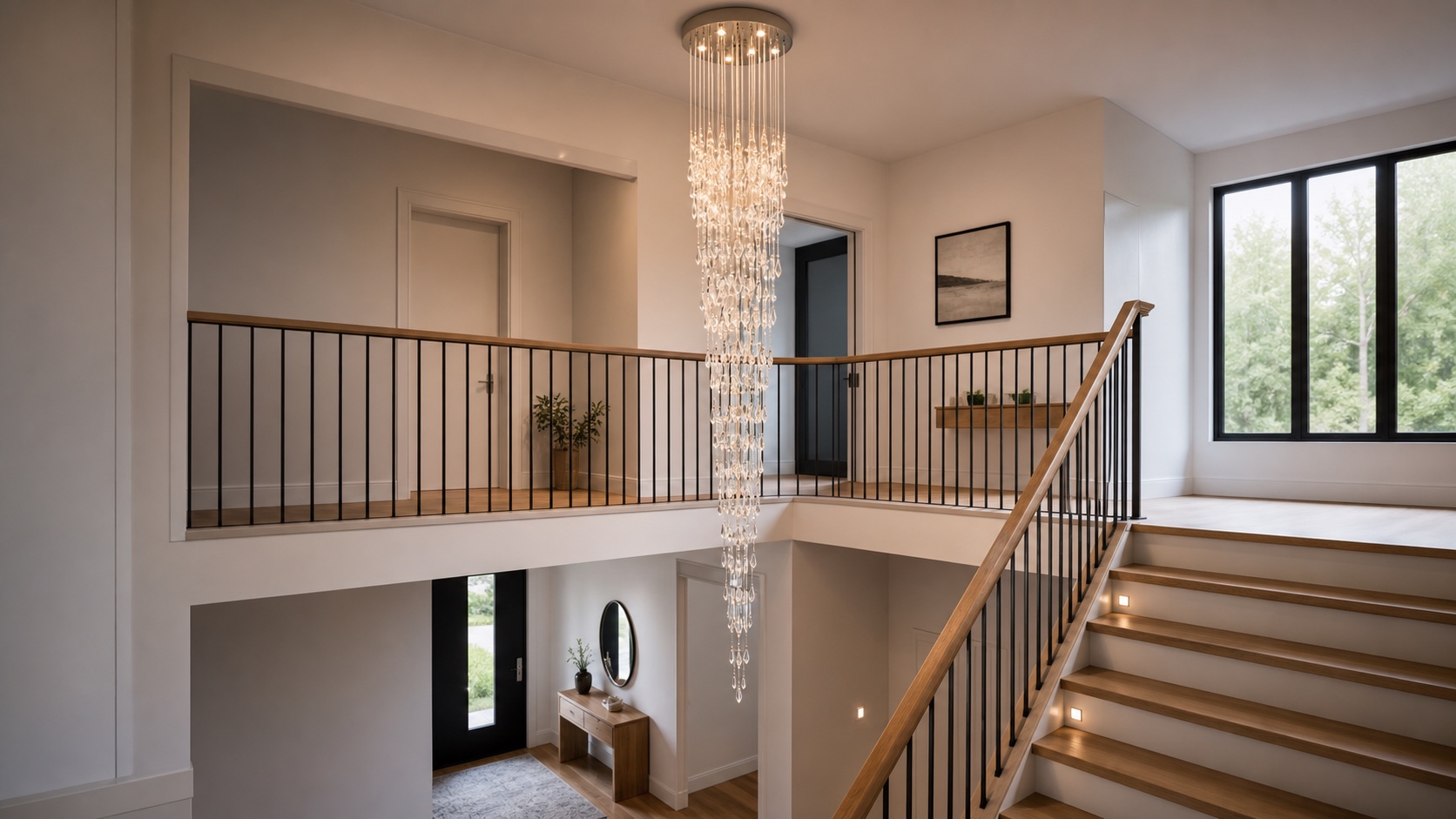 Cascading crystal chandelier correctly proportioned for a double-height stairwell