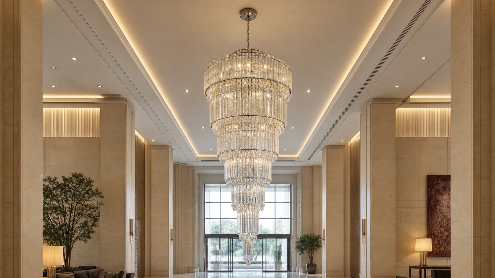 Complete tiered crystal chandelier installed in a contemporary hotel lobby
